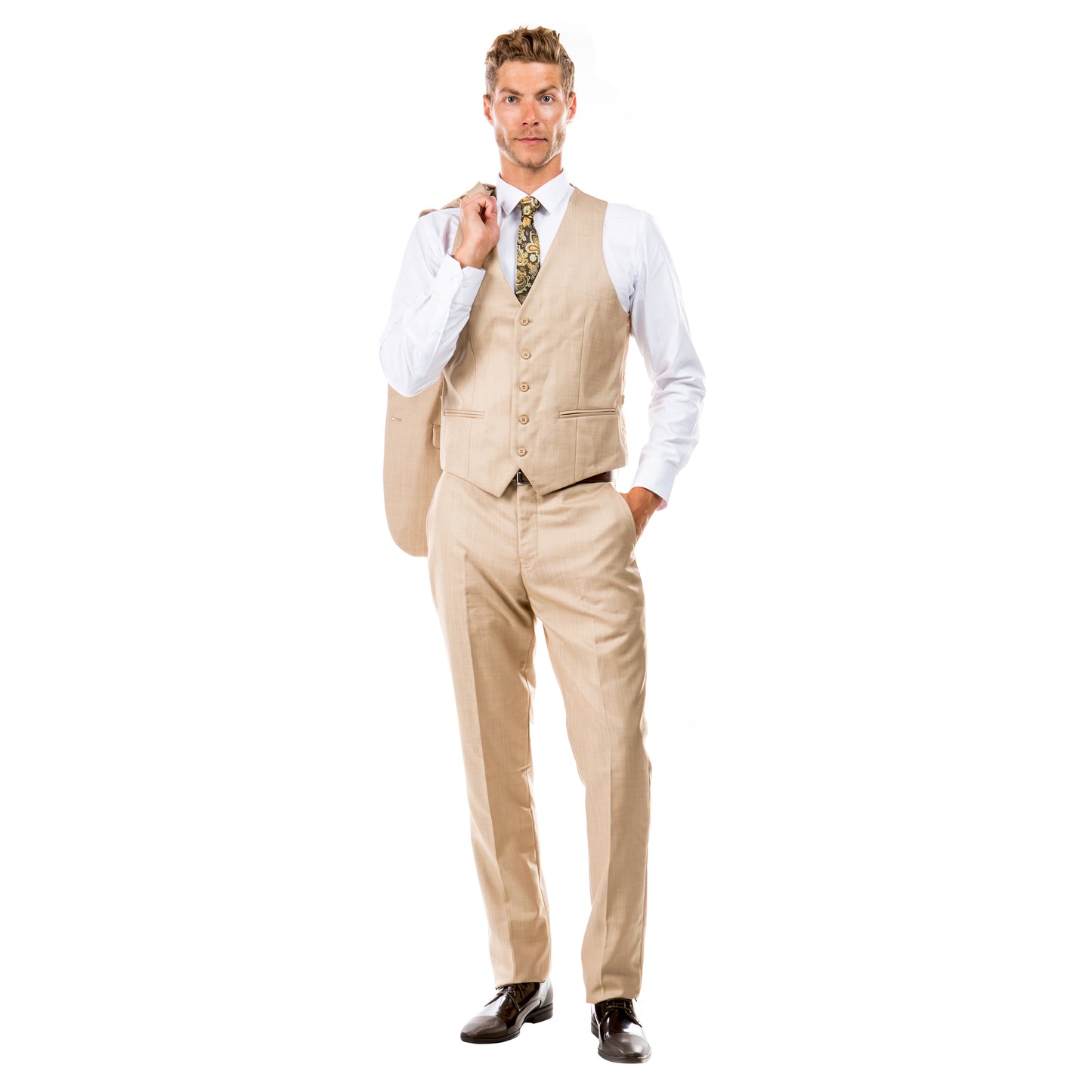 Dark Tan Men's Slim-Fit 3-Piece Sharkskin Suit