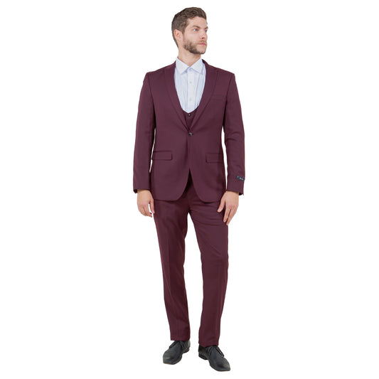 Burgundy Men's Ultra Slim-Fit 3pc Suit w/ Expandable Waistband