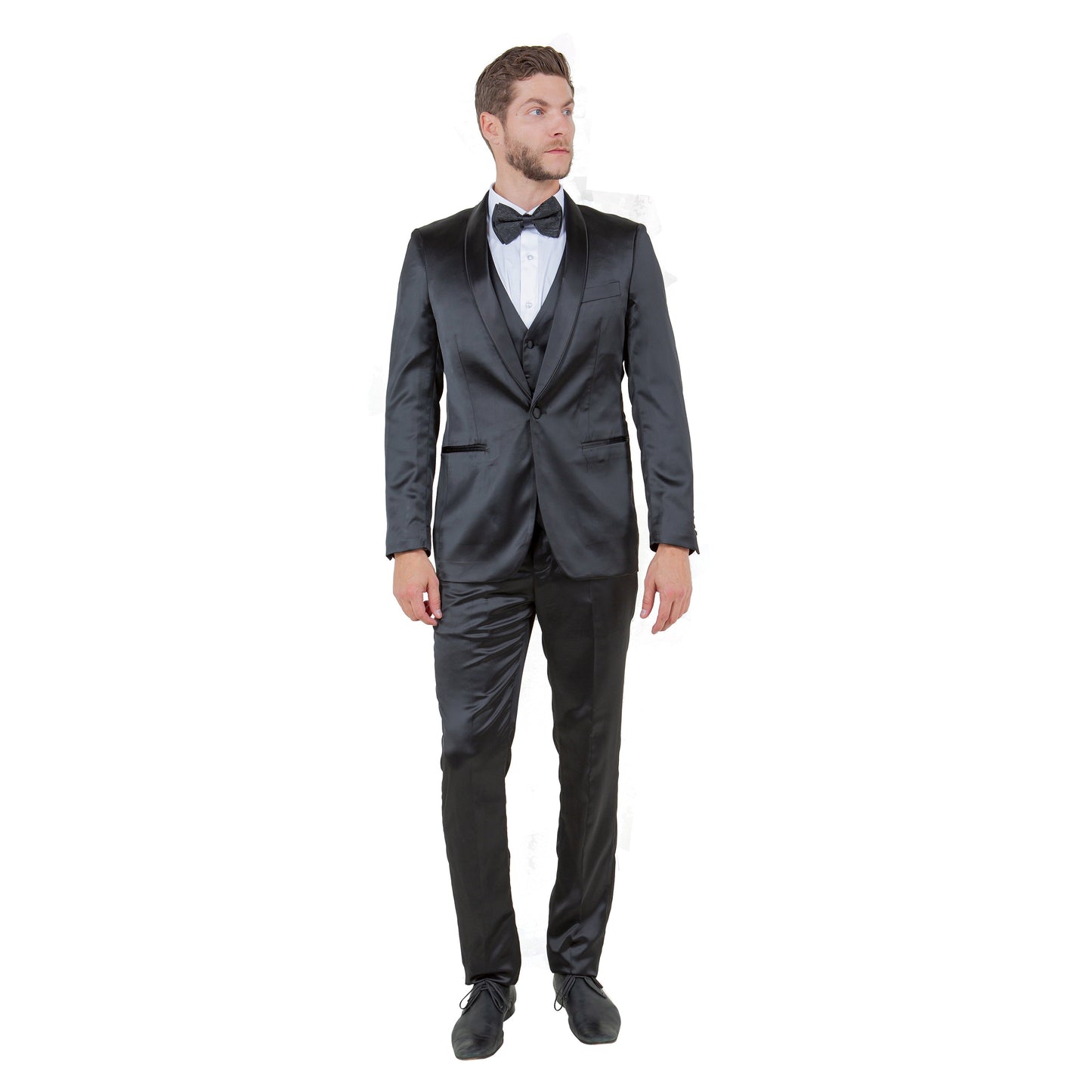 Mens 3pc Solid Satin Suit Set w/ Free Bowtie