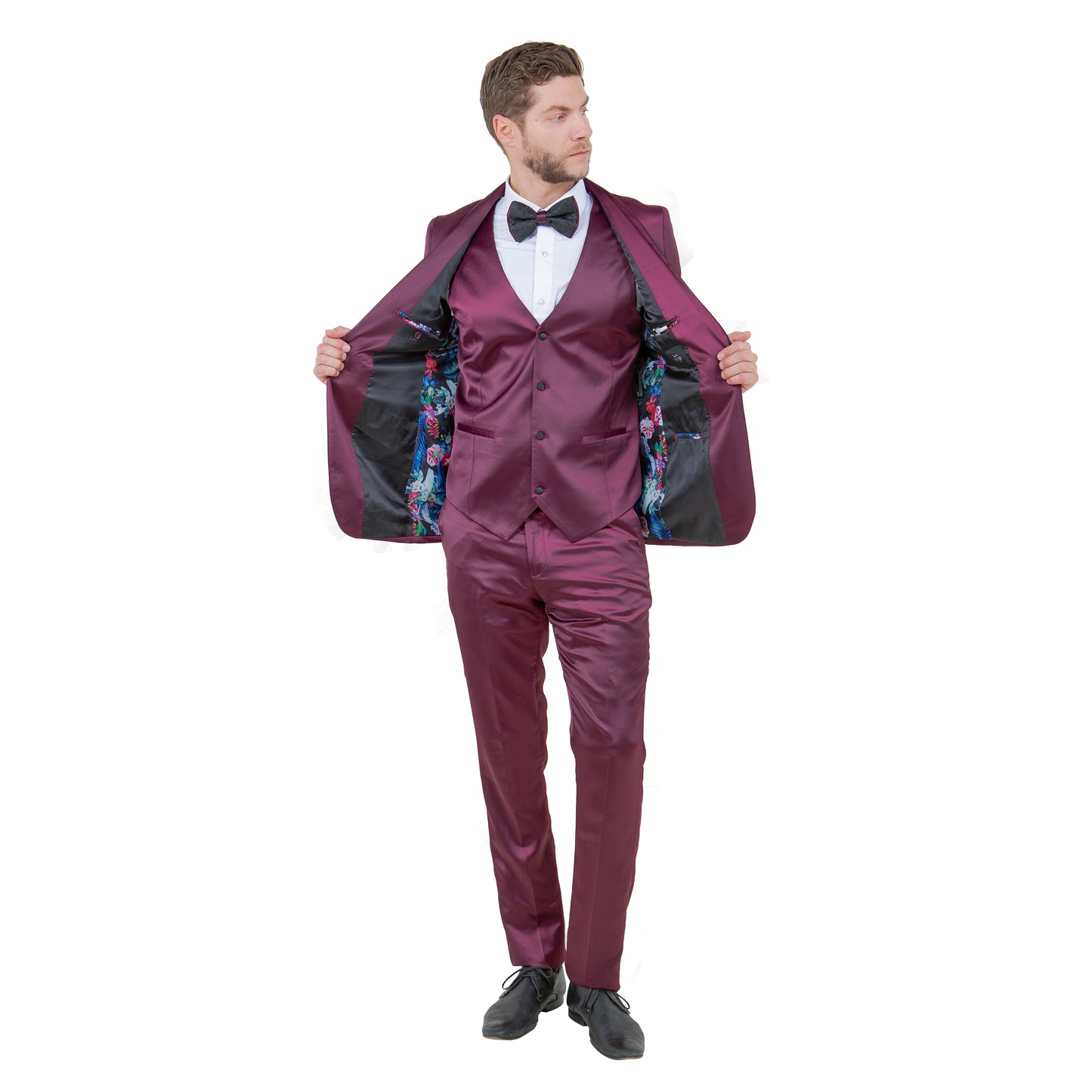 Mens 3pc Solid Satin Suit Set w/ Free Bowtie