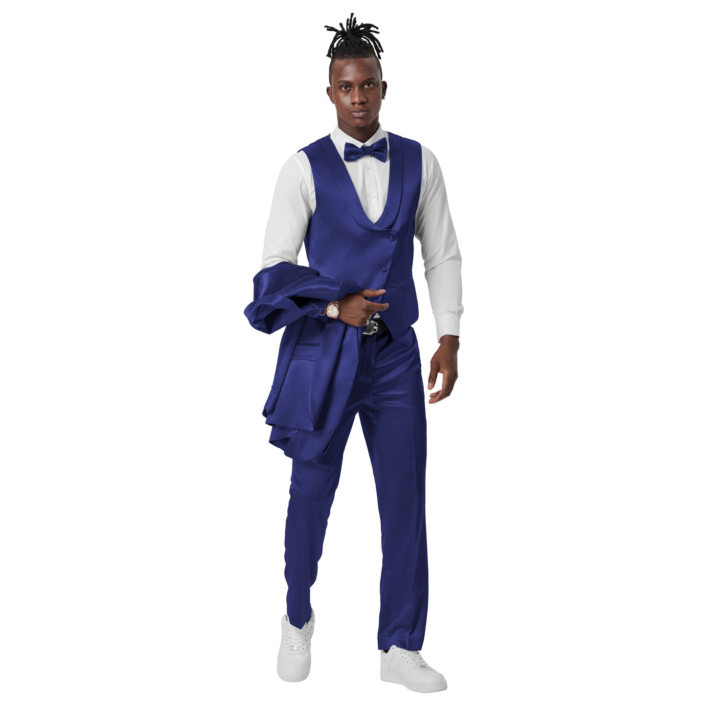 Blue Solid Shiny U-Shape Vest Mens-suit