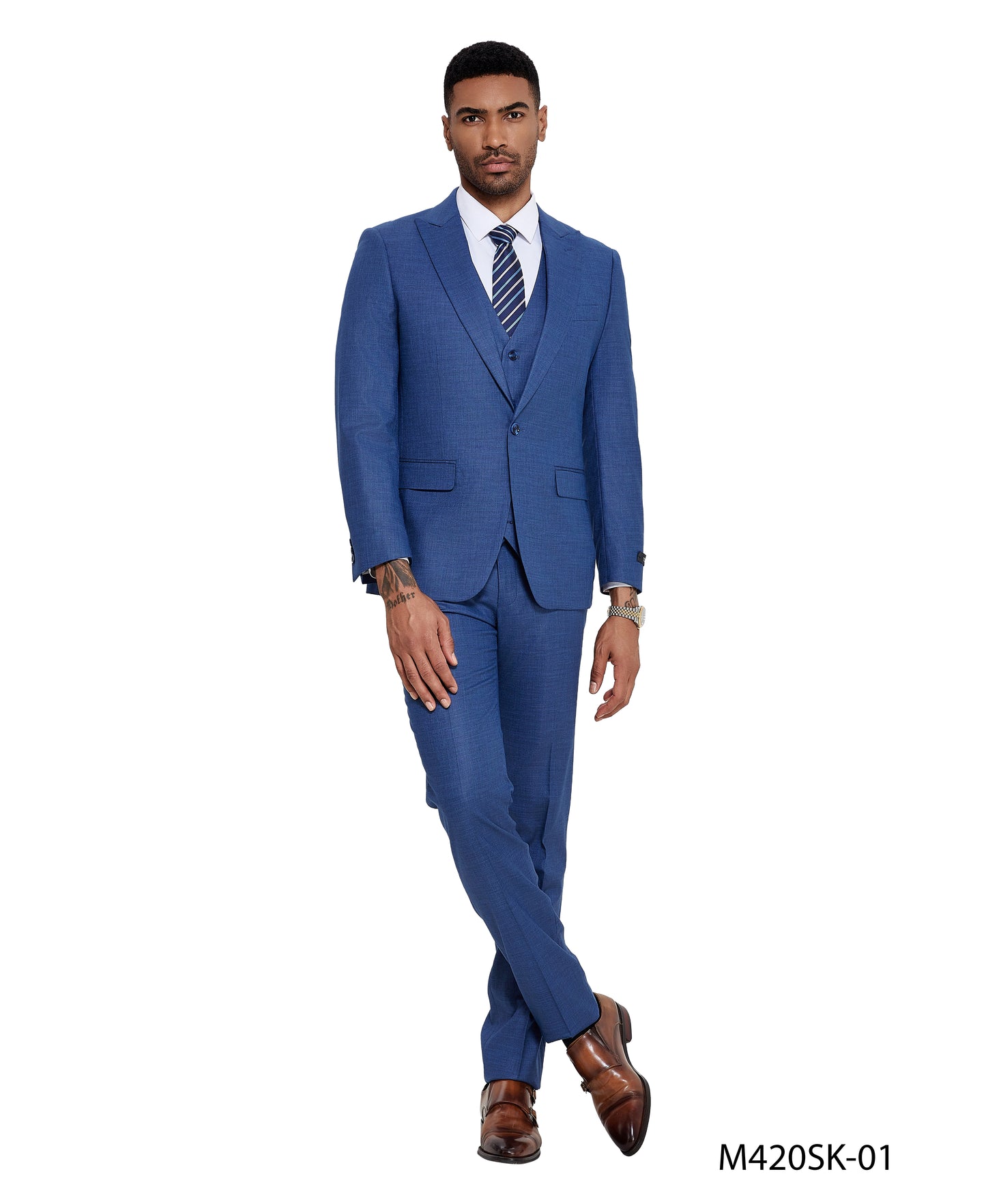 3 PC Solid Satin Peak Lapel Double Breasted Suit