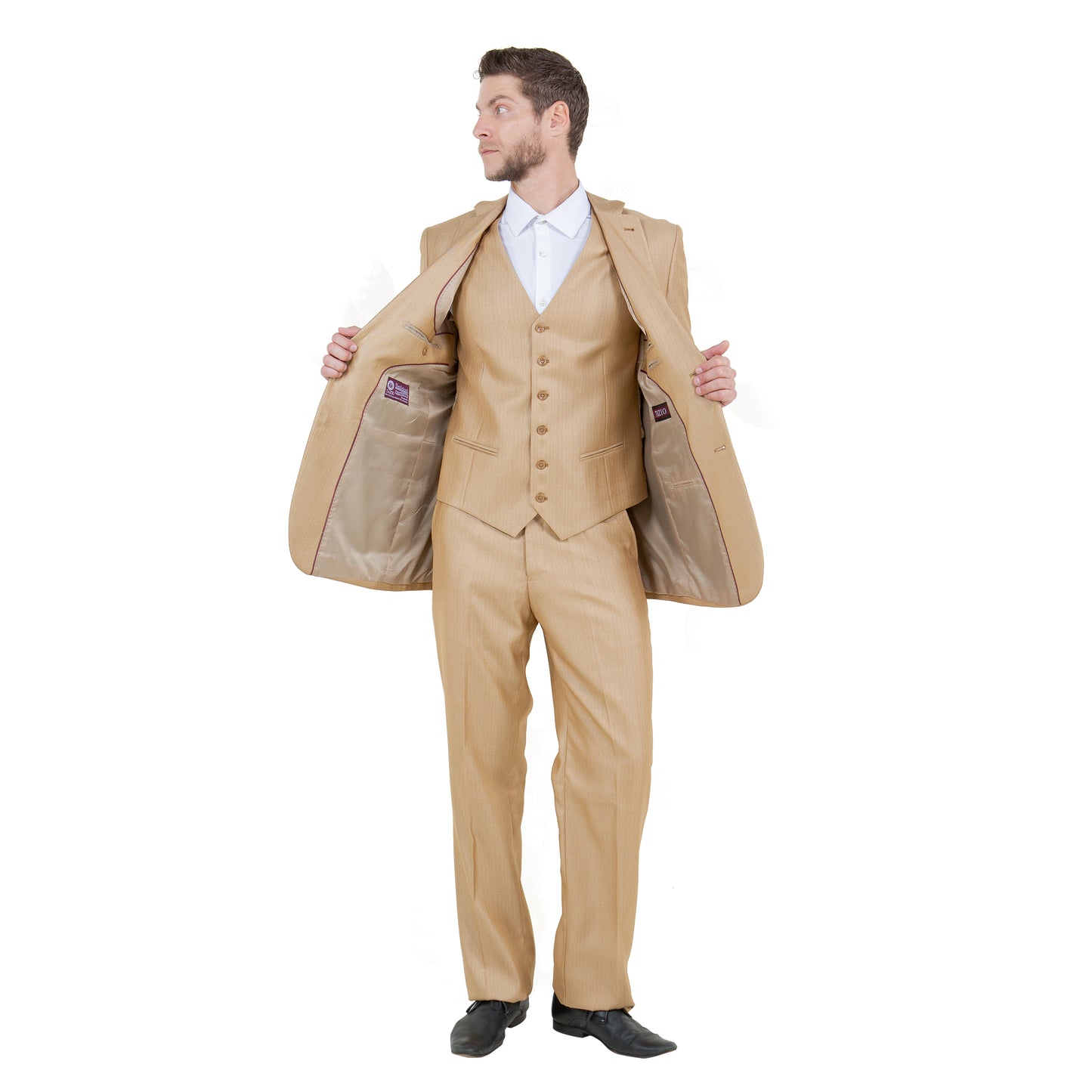 Lt. Beige Solid Shiny Sharkskin 3-PC Regular Modern Fit Suits
