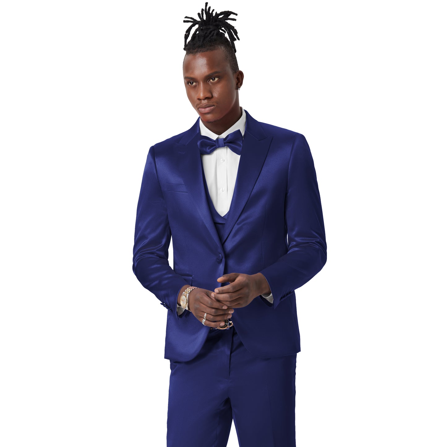 Blue Solid Shiny U-Shape Vest Mens-suit